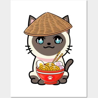 Funny siamese cat is eating noodles Posters and Art